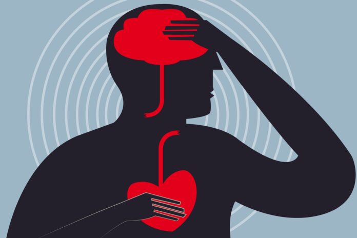 illustration of figure suffering stroke emphasizing heart and brain in red